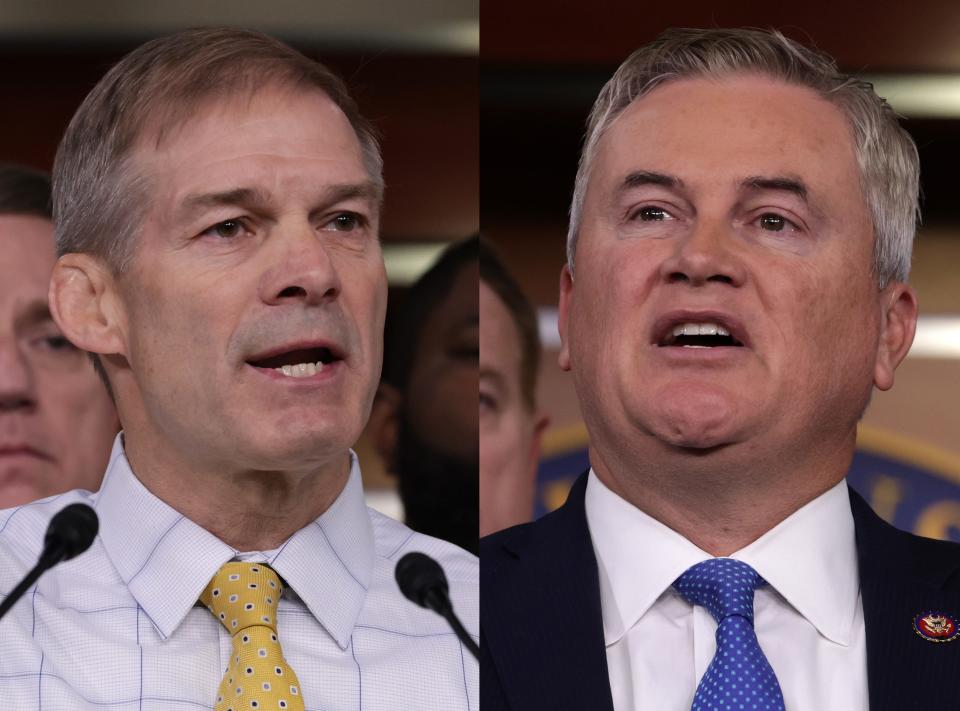 in this montage, Rep. Jim Jordan, R-Ohio, left and Rep. James Comer, R-Ky, speak during a news conference at the U.S. Capitol on Nov/ 17, 2022 in Washington, DC. House Republicans held a news conference to discuss "the Biden family's business dealings."