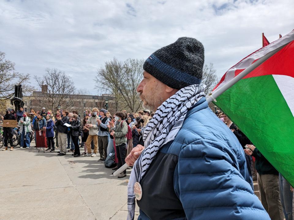 Palestinian-American Wafic Faour listens during a pro-Palestinian rally on April 29, 2024. Attendees called for UVM to remove Linda Thomas-Greenfield as the college's commencement speaker for that year due to her voting track record on the Israel-Hamas war.