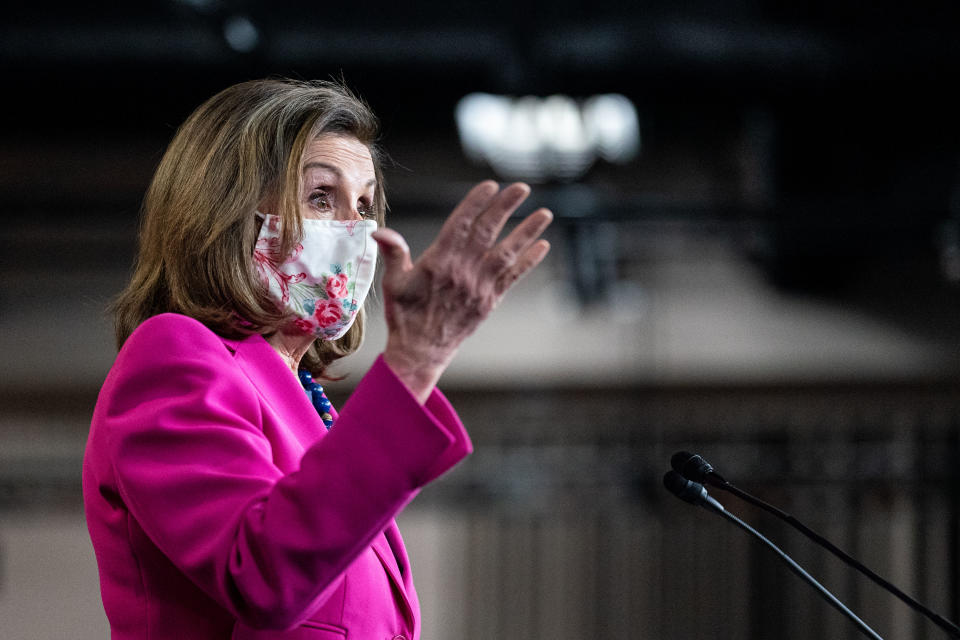 WASHINGTON, DC - FEBRUARY 25: Speaker of the House Nancy Pelosi (D-CA) speaks during a weekly press conference on Capitol Hill on Thursday, Feb. 25, 2021 in Washington, DC.  (Kent Nishimura / Los Angeles Times via Getty Images)