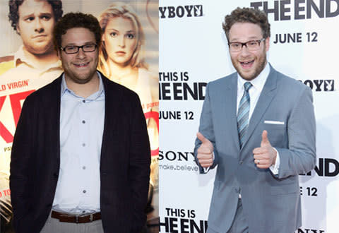 28 year old funny man Seth Rogen lost his puppy fat by working out with trainer to the stars Harley Pasternak religiously for 9 months before slipping into his new slim size suit.