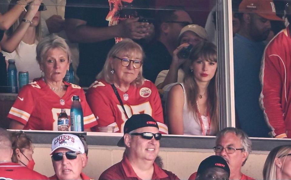 Singer Taylor Swift, right, watches the Kansas City Chiefs take on the Chicago with the mother of Kansas City tight end Travis Kelce, Donna Kelce, center, Sunday, Sept. 24, 2023, at GEHA Field at Arrowhead Stadium.