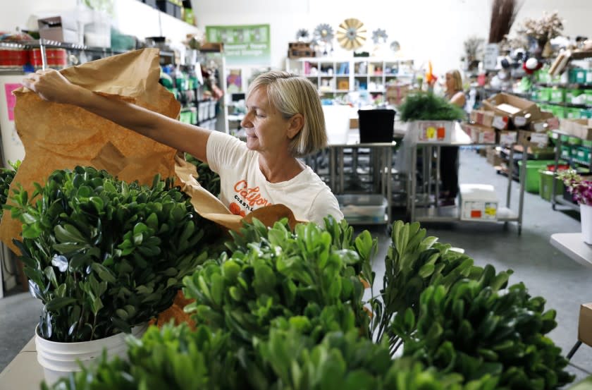 TORRANCE-CA-JUNE 17, 2021: Casey Schwartz unwraps greenery at Flower Duet, a floral design business she co-owns with her sister Kit Wertz, as they prepare for events this weekend at their studio in Torrance on Thursday, June 17, 2021. (Christina House / Los Angeles Times)