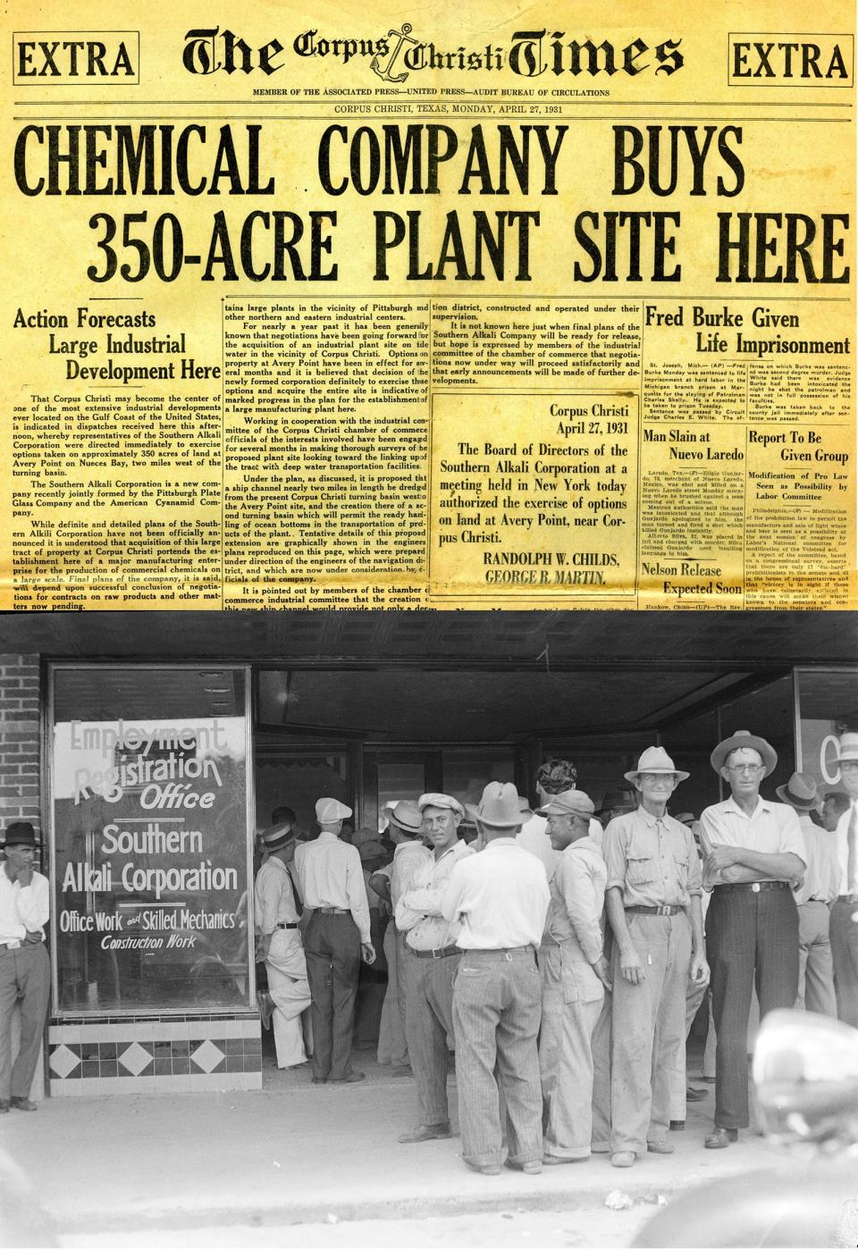 TOP: The special edition of the Corpus Christi Times announcing the city's selection of the new chemical plant Southern Alkali on April 27, 1931. BOTTOM: In the depths of the Great Depression, men wait outside the employment office for Southern Alkali on Leopard Street in the early 1930s.