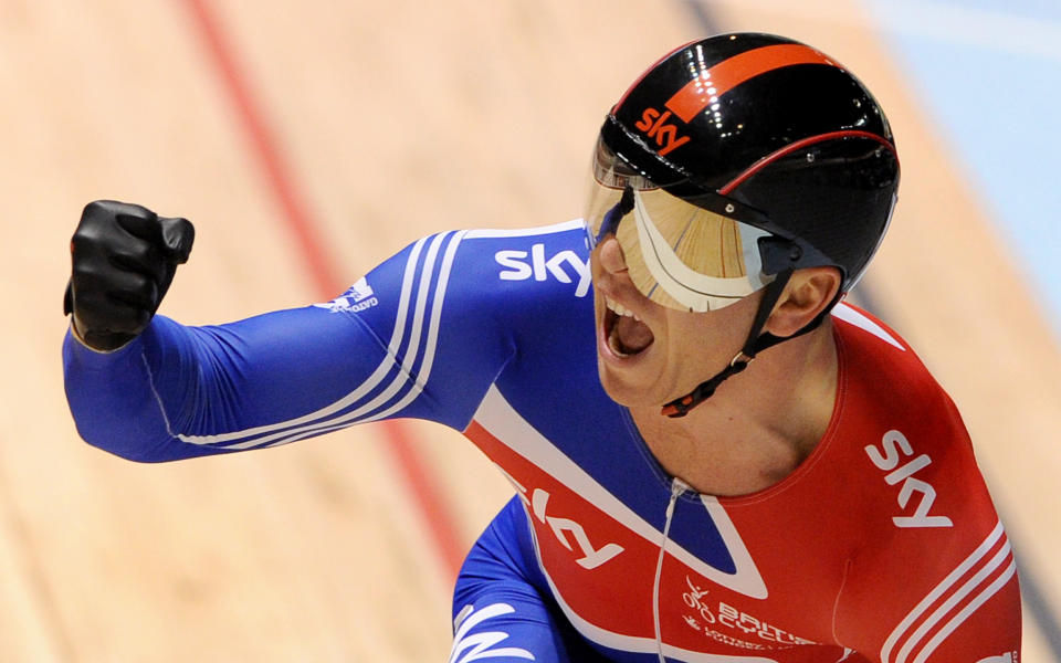 TOPSHOTSChris Hoy of Britain celebrates as he crosses the finish line to claim the bronze medal in the men's sprint at the 2012 Track Cycling World Championships in Melbourne, on April 7, 2012.  IMAGE STRICTLY RESTRICTED TO EDITORIAL USE - STRICTLY NO COMMERCIAL USE  AFP PHOTO/William WEST (Photo credit should read WILLIAM WEST/AFP/Getty Images)