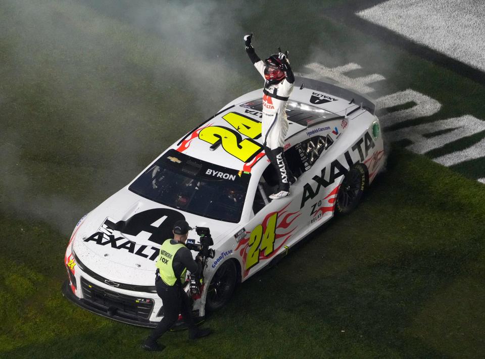 William Byron celebrates after winning the Daytona 500 at Daytona International Speedway, Monday, Feb. 19, 2024.