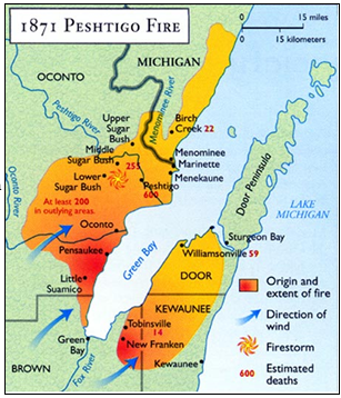 Map of the areas affected by the Peshtigo Fire in 1871.