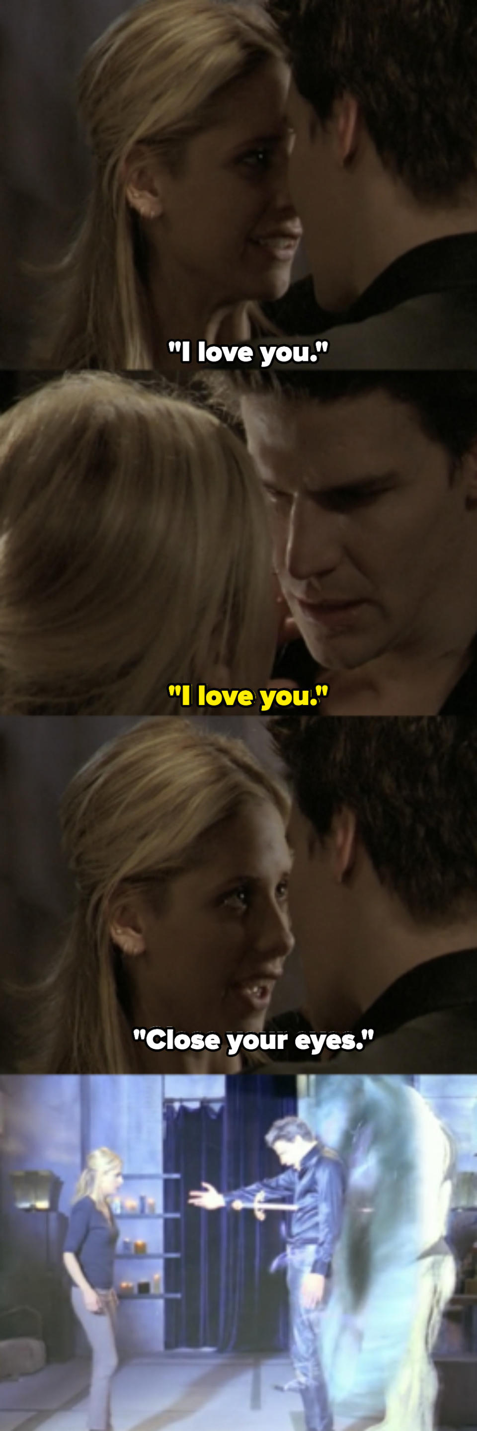 They both say I love you, then Buffy says to close his eyes and stabs him, pushing him into the portal