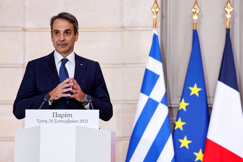 France's President Macron meets Greek Prime Minister Kyriakos at the Elysee Palace in Paris