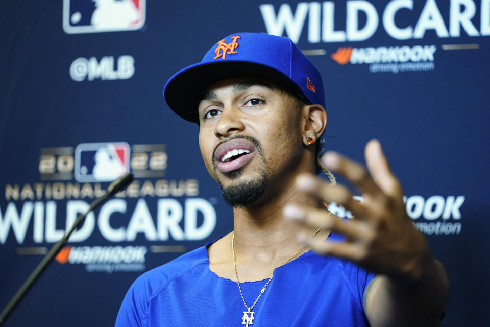 New York Mets' Francisco Lindor speaks during a news conference the day before a wild-card baseball playoff game against the San Diego Padres, Thursday, Oct. 6, 2022, in New York. (AP Photo/Frank Franklin II)