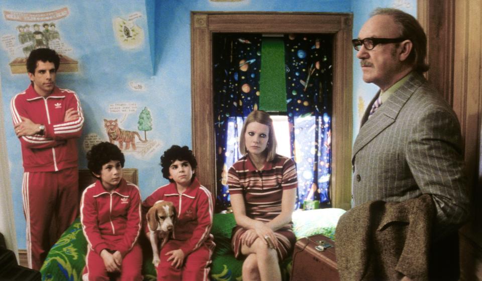 Royal Tenenbaum (Gene Hackman, right) feigns an illness in order to move back in with his family, upsetting his son Chas (Ben Stiller,    left), grandchildren Uzi (Jonah Mayerson and Ari (Grant Rosenmeyer) and daughter Margot (Gwyneth Paltrow) in "The Royal Tenenbaums."