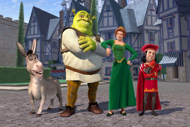 <p>DreamWorks/courtesy Everett</p> Donkey, Shrek, Princess Fiona, and Lord Farquaard in 'Shrek'