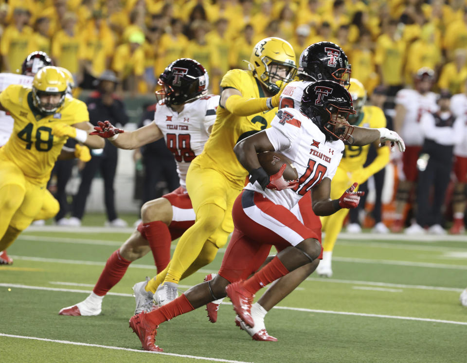 Texas Tech wide receiver Drae McCray (10) runs upfield against Baylor in the first half of an NCAA college football game, Saturday, Oct. 7, 2023, in Waco, Texas. (Rod Aydelotte/Waco Tribune-Herald, via AP)