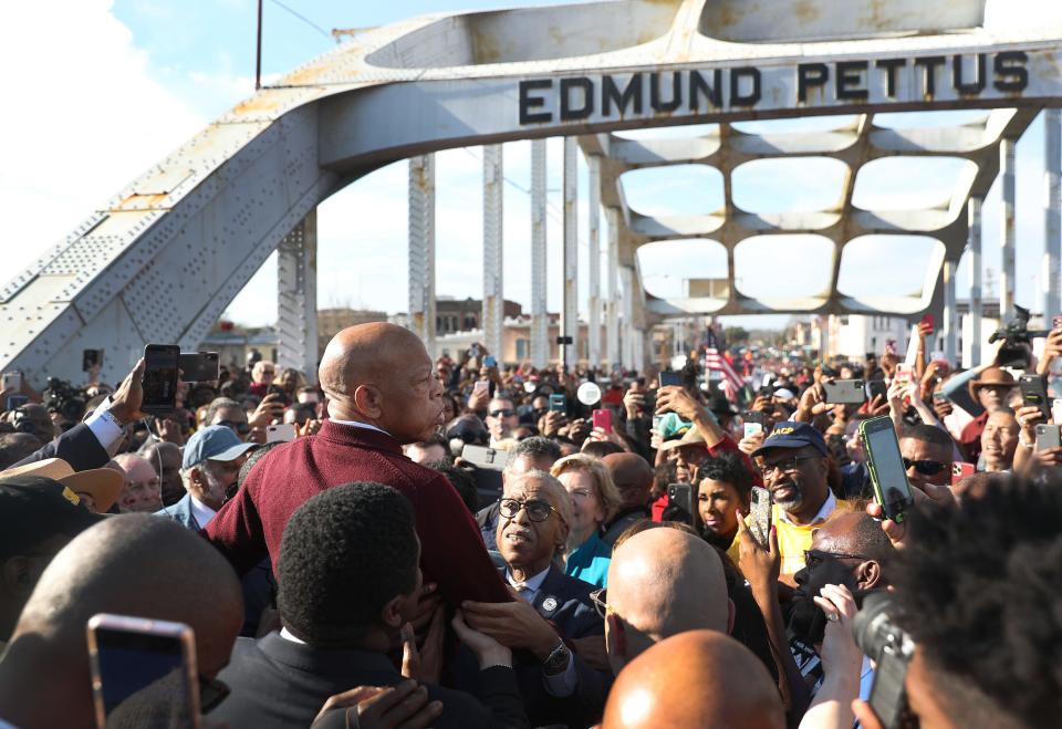 Rep. John Lewis speaks to the crowd at the Edmund Pettus Bridge crossing reenactment marking 55th anniversary of Selma's Bloody Sunday on March 1, 2020, in Selma, Alabama. Lewis marched for civil rights across the bridge 55 years ago.