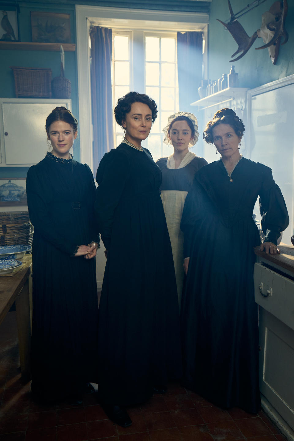 Rose Leslie as Isabella, Keeley Hawes as Cassandra Austen, Mirren Mack as Dinah and Jessica Hynes as Mary Austen. Robert Viglasky Photography