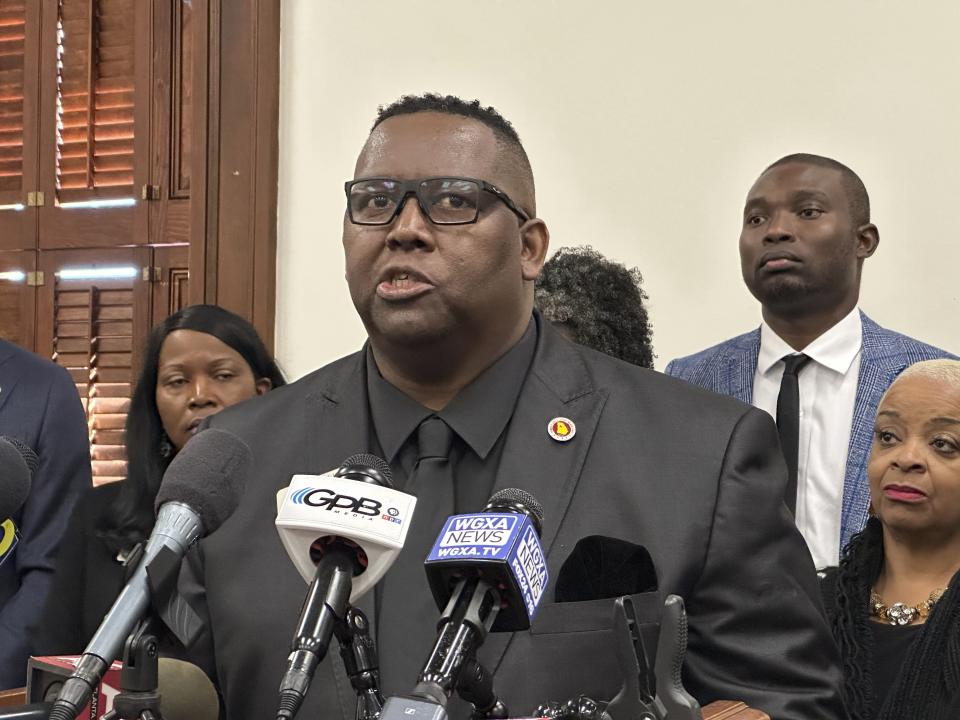 Georgia Legislative Black Caucus Chair Carl Gilliard, D-Savannah, speaks at a news conference, Wednesday, Nov. 29, 2023, at the Georgia Capitol in Atlanta. State lawmakers were ordered to redraw Georgia's legislative and congressional districts after a federal judge ruled some illegally diluted Black voting strength. (AP Photo/Jeff Amy)