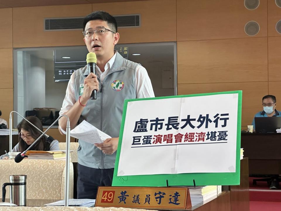 台中市民進黨議員黃守達質詢表示，市長盧秀燕說台中巨蛋雙蛋設計，彩排跟演出可分開使用，讓表藝界咋舌。（圖：黃守達提供）