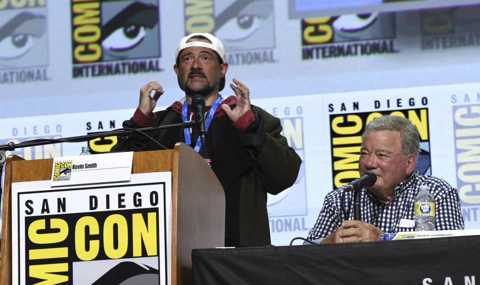 Moderator Kevin Smith, left, and William Shatner participate in the Masters of the Universe panel on day one of Comic-Con International on Thursday, July 21, 2022, in San Diego. (Photo by Richard Shotwell/Invision/AP)