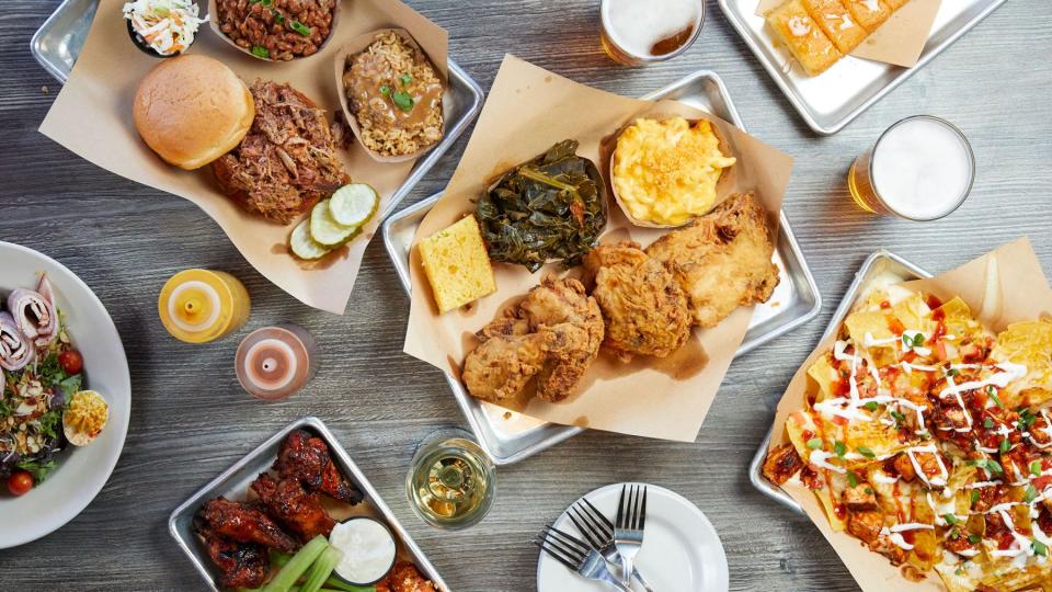 Spread of Southern and Bar food at One Hot Mama's