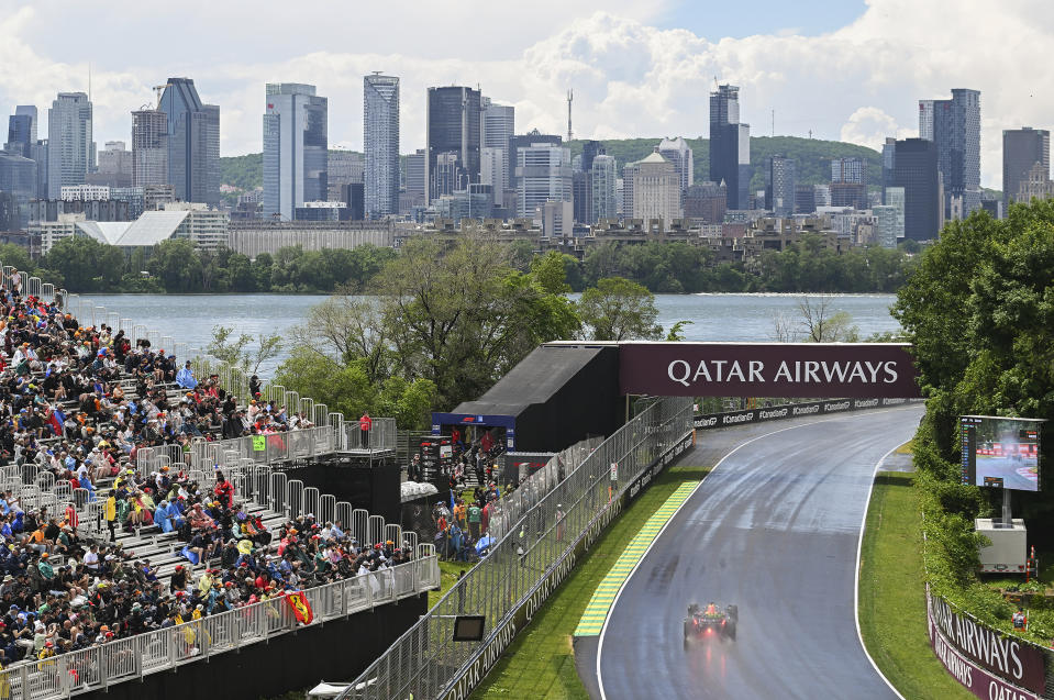 Red Bull Racing driver Max Verstappen of the Netherlands takes a turn at the Senna corner during practice for the Formula 1 Canadian Grand Prix auto race Friday, June 7, 2024, in Montreal. (Graham Hughes/The Canadian Press via AP)