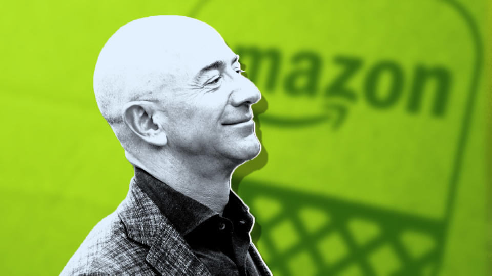 Amazon founder Jeff Bezos is seen in this photo illustration with an Amazon logo. Swisher discussed how she perceived the business in its early days.<p>Shutterstock/TheStreet</p>