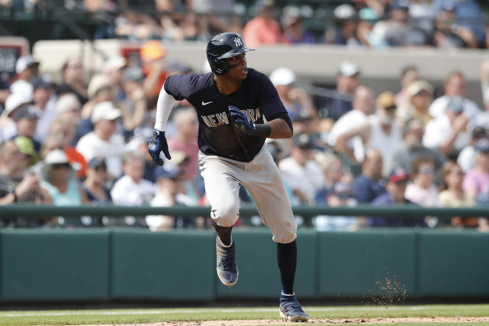 New York Yankees' Rosell Herrera leads off third during a spring training baseball game against the Detroit Tigers, Thursday, March 5, 2020, in Lakeland, Fla. (AP Photo/Carlos Osorio)