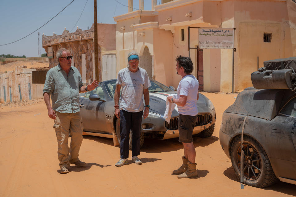 Jeremy Clarkson, Richard Hammond and James May return in The Grand Tour: Sand Job. (Prime Video)