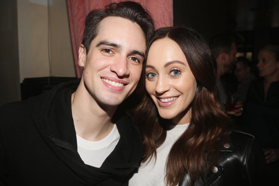 Brendon Urie and wife Sarah Orzechowski pose at a celebration for "Panic! at The Disco" frontman Brendon Urie's Opening Night in "Kinky Boots" at 44 1/2 Restaurant on June 4, 2017 in New York City.