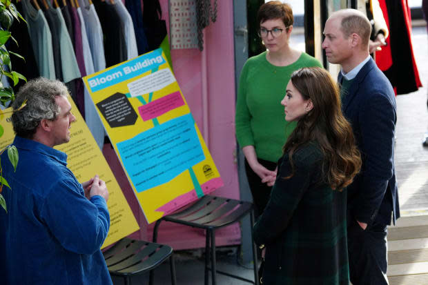 Prince William and Kate Middleton, Princess of Wales listen to Lee Pennington, founder and charity director during a visit to the Open Door Charity, a cause focused on supporting young adults in Birkenhead, England.<p><a href="https://www.gettyimages.com/detail/1246180679" rel="nofollow noopener" target="_blank" data-ylk="slk:Jon Super-WPA Pool/Getty Images;elm:context_link;itc:0;sec:content-canvas" class="link ">Jon Super-WPA Pool/Getty Images</a></p>