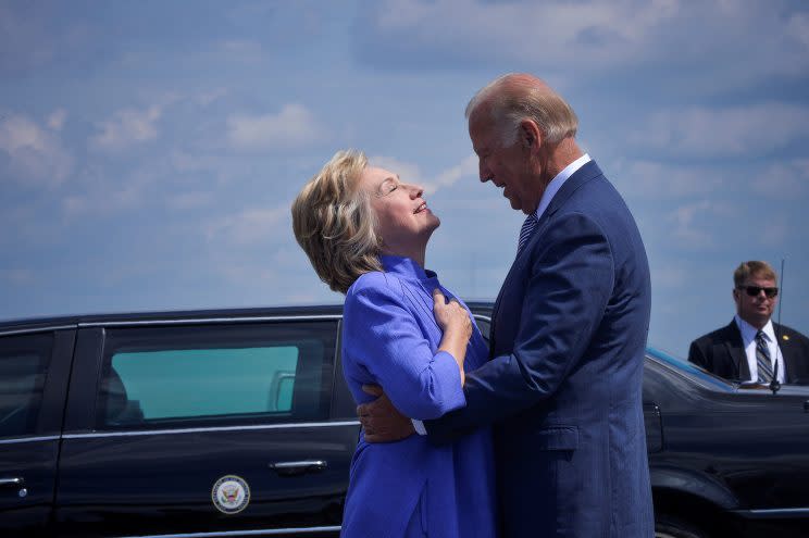 Democratic presidential nominee Hillary Clinton welcomes Vice President Joe Biden as he disembarks from Air Force Two for a joint campaign event in Scranton, Pa. (Charles Mostoller/Reuters)