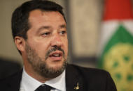 The League party leader Matteo Salvini talks to the press after meeting Italian President Sergio Mattarella, in Rome, Thursday, Aug. 22, 2019. President Sergio Mattarella continued receiving political leaders Thursday, to explore if a solid majority with staying power exists in Parliament for a new government that could win the required confidence vote. (AP Photo/Alessandra Tarantino)