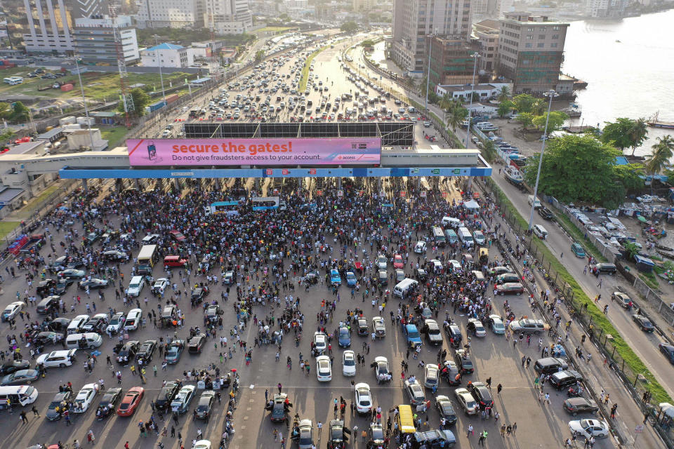 Protesters gather at Lagos' Lekki toll gate during a demonstration against police brutality on Oct. 15, 2020.<span class="copyright">Pierre Favennec—AFP/Getty Images</span>