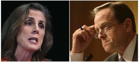 Katie McGinty (L) speaks on stage during a debate in Philadelphia, Pennsylvania, May 12, 2014 and Senator Pat Toomey (R-PA) questions witnesses at the Senate Finance Committee in Washington May 21, 2013 in a comnbination of file photos. REUTERS/Mark Makela/Gary Cameron/Files