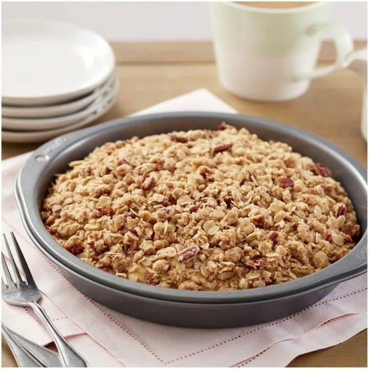 An apple crumble in a baking pan