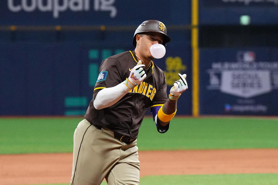 SEOUL, SOUTH KOREA - MARCH 21: Manny Machado #13 of the San Diego Padres celebrates hitting a three run home run in the 9th inning during the 2024 Seoul Series game between San Diego Padres and Los Angeles Dodgers at Gocheok Sky Dome on March 21, 2024 in Seoul, South Korea. (Photo by Masterpress/Getty Images)