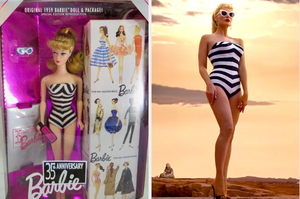 Side-by-side of the original Barbie and a screenshot from "Barbie"