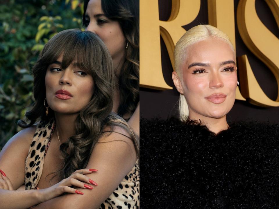 left: carla in griselda, wearing a leopard print shirt, with her hair worn dark brown and curled with bangs. she has bright red, long nails, and her arms are crossed; right: karol g at the griselda premiere, her hair worn in a slicked back blonde ponytail and wearing a black, fur-collared outfit