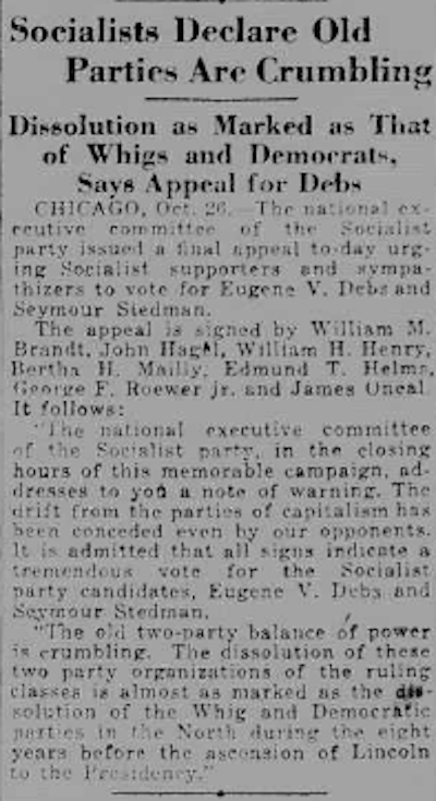 Last-minute pre-election campaigning on Debs’ behalf by the Socialist Party is described in the New York Tribune of October 27, 1920. <a href="https://www.loc.gov/resource/sn83030214/1920-10-27/ed-1/?sp=2&q=Socialist+Party+1920&st=image&r=0.205,-0.077,0.823,0.351,0" rel="nofollow noopener" target="_blank" data-ylk="slk:Library of Congress;elm:context_link;itc:0;sec:content-canvas" class="link ">Library of Congress</a>