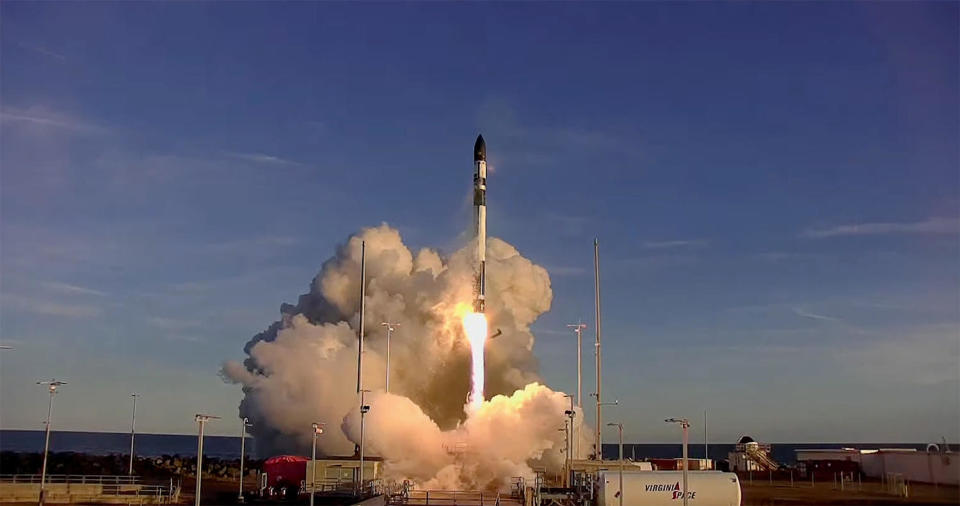 A Rocket Lab Electron booster streaks away from the Mid-Atlantic Regional Spaceport on Virginia's Eastern Shore carrying two commercial radar imaging satellites. It was Rocke Llab's 34th launch but only its second from Virginia.  / Credit: Rocket Lab