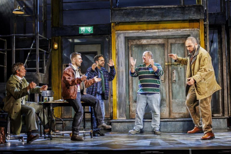 Wiltshire Times: Nicholas Prasad as Lomper, Leyon Stolz-Hunter as Brian, Jake Quickenden as Guy, Bill Ward as Gerald and Neil Hurst as Dave in The Full Monty. Photo: Ellie Kurttz