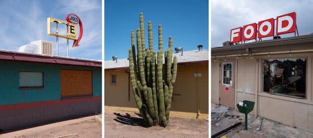 LEFT: A defunct roadside restaurant along Old Rt. 66 in Winslow, Arizona. MIDDLE: A large cactus emerges from the ground outside a motel in Mesa, Arizona. RIGHT: A burned-out restaurant in Benson, Arizona. (Photo: Molly Peters for HuffPost)