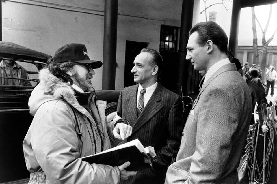 From left: Spielberg on set with Ben Kingsley, who played Schindler employee Itzhak Stern, and Liam Neeson (Oskar Schindler).