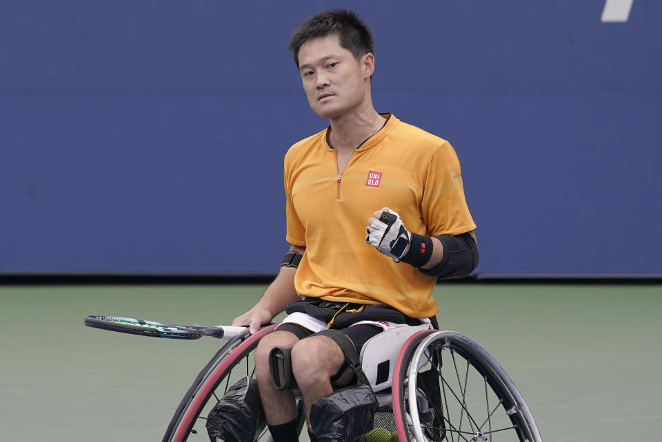 Shingo Kunieda, of Japan, reacts during a match against Joachim Gerard, of Belgium, during the first round of the men's wheelchair singles at the U.S. Open tennis championships, Wednesday, Sept. 7, 2022, in New York. (AP Photo/Mary Altaffer)