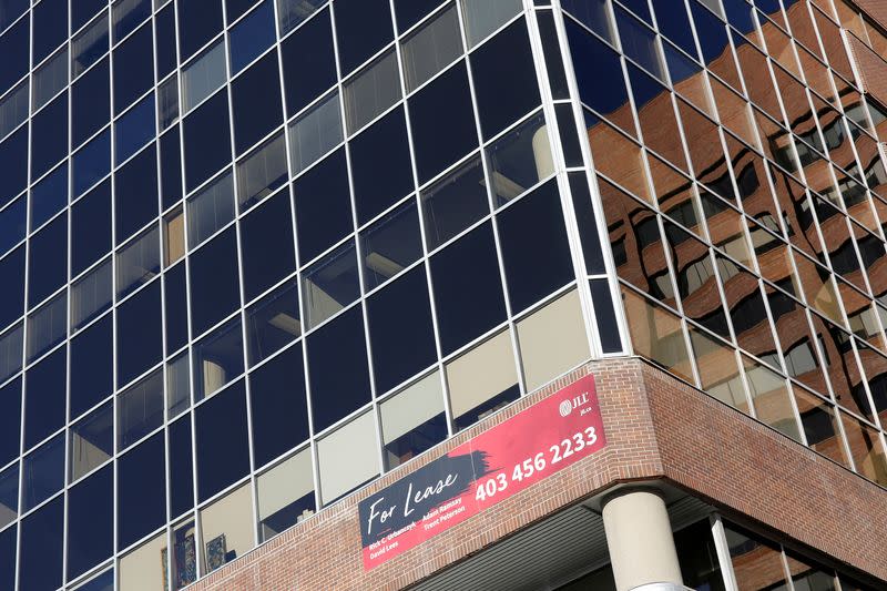 FILE PHOTO: A For Lease sign at a downtown office building in Calgary