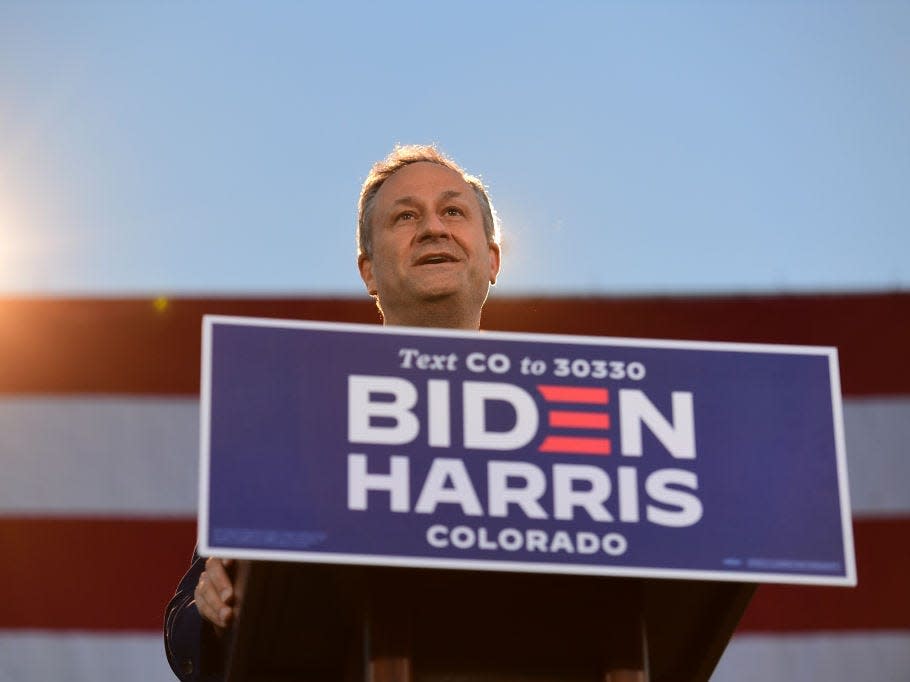 Doug Emhoff speaks at a rally in Denver, Colorado.