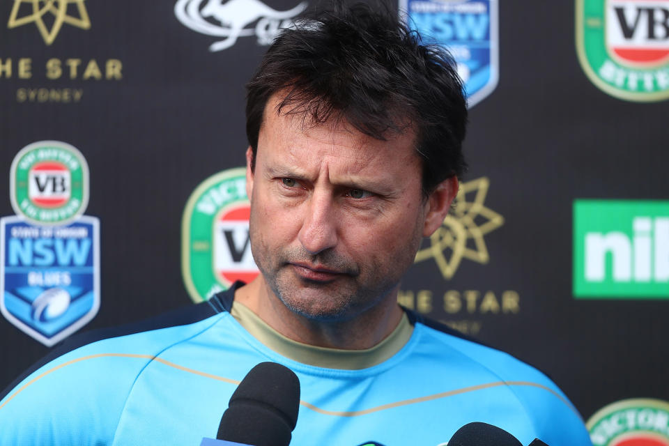 Former Blues coach Laurie Daley speaks to the media.