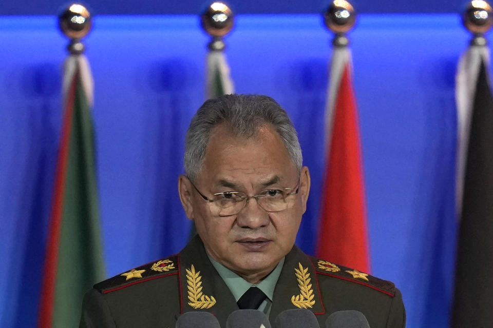 Russian Defense Minister Sergei Shoigu speaks at the 10th Beijing Xiangshan Forum in Beijing, Monday, Oct. 30, 2023. Defense Minister Shoigu said Monday the United States is fueling geopolitical tensions to uphold its "hegemony" and warned of the risk of confrontation between major countries. (AP Photo/Ng Han Guan)