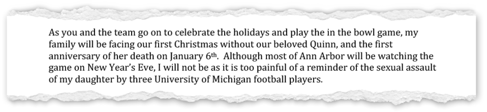 Mary Moffett wrote a second letter to University of Michigan football coach Jim Harbaugh after seeing one of the players who was present the night of her daughter’s alleged sexual assault playing for the Wolverines in a big game.