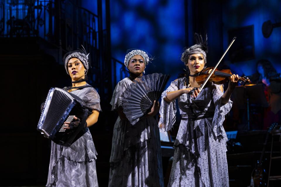 Dominique Kempf, Nyla Watson and Belén Moyano perform in "Hadestown."