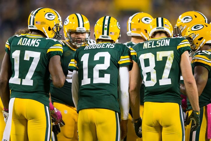Oct 9, 2016; Green Bay, WI, USA; The Green Bay Packers offense huddles during the game against the New York Giants at Lambeau Field. Green Bay won 23-16. Mandatory Credit: Jeff Hanisch-USA TODAY Sports