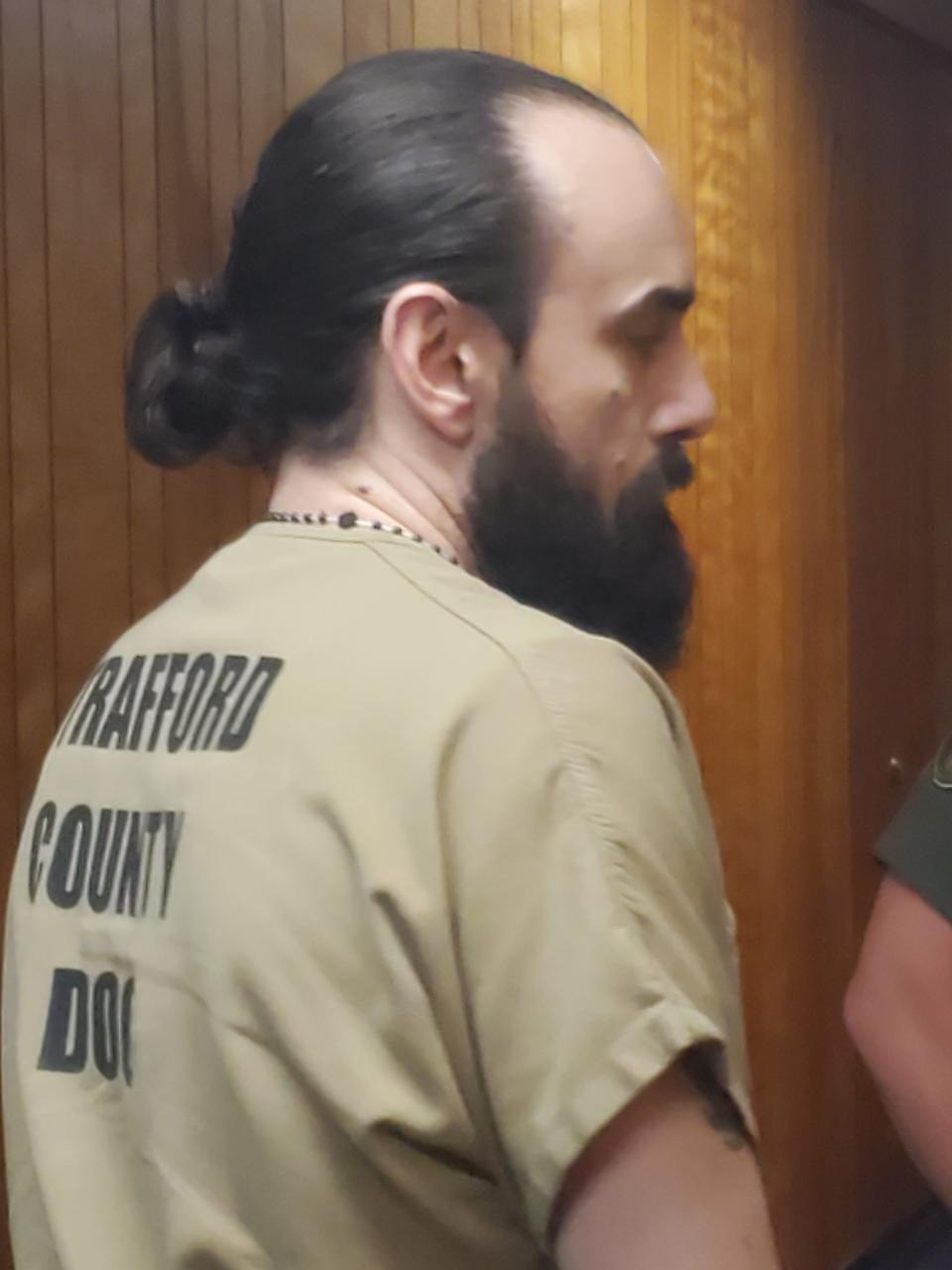 Jason Levesque, facing charges he shot a Rochester man six times, leaves a bail hearing at Strafford County Superior Court in Dover Tuesday, July 16, 2024.